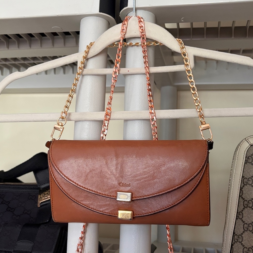 Chloe Tan Brown Double Flap Wallet Clutch